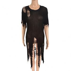 Black Distressed Shredded Knit Top Grunge Punk Sheer Mesh Ripped Tee Dress S